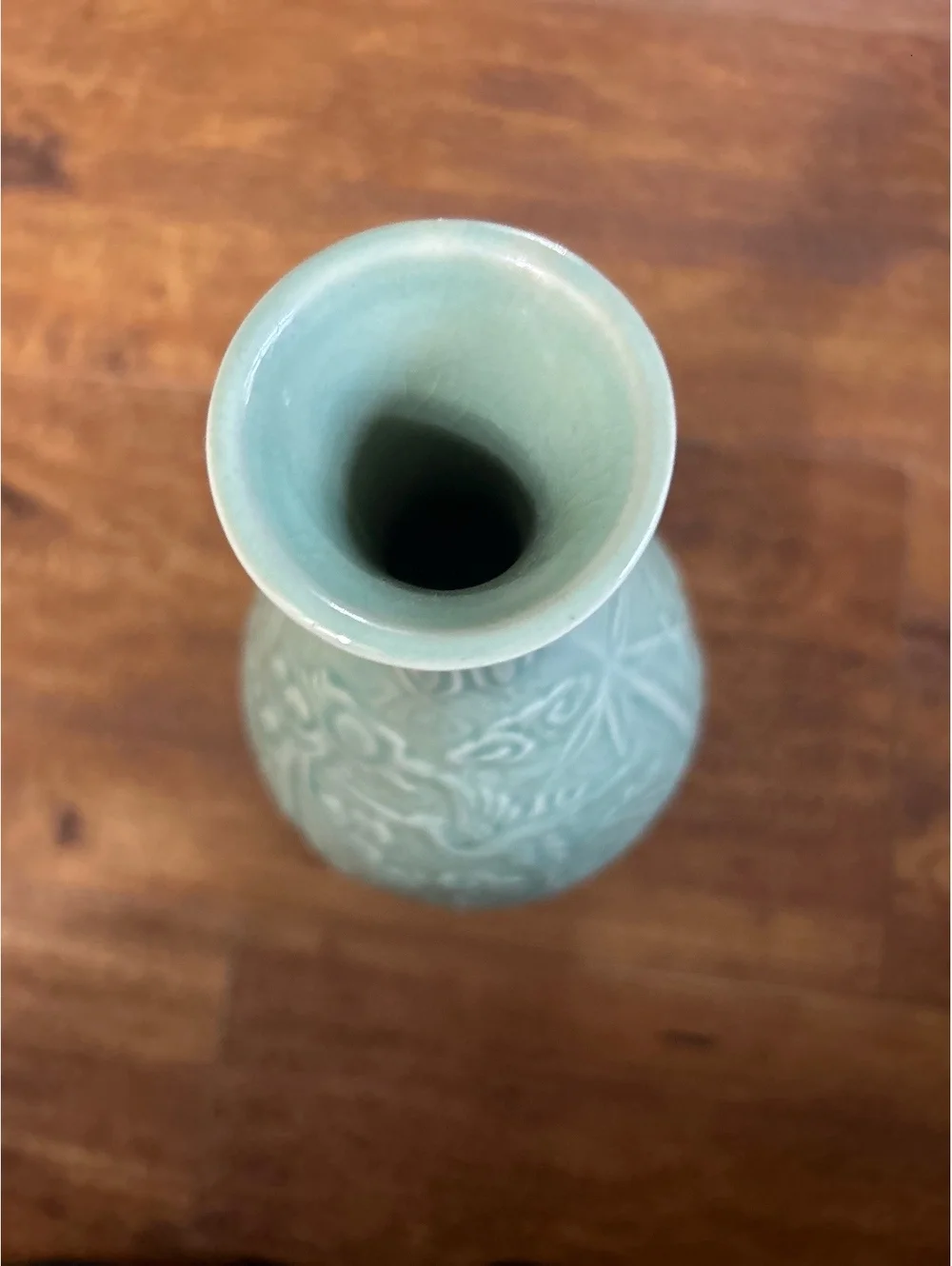 Celadon Green Ceramic Vase with Raised Animal and Floral Motifsp